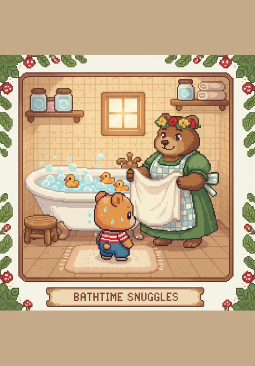 Mommy Bear knelt down beside Barnaby and gently led him into the bathroom to see a special surprise. There, sitting on the floor, was a small, bright blue chair that was perfectly sized for a little bear. Mommy explained that this was his very own potty, a place just for him to use when he felt that wiggle.