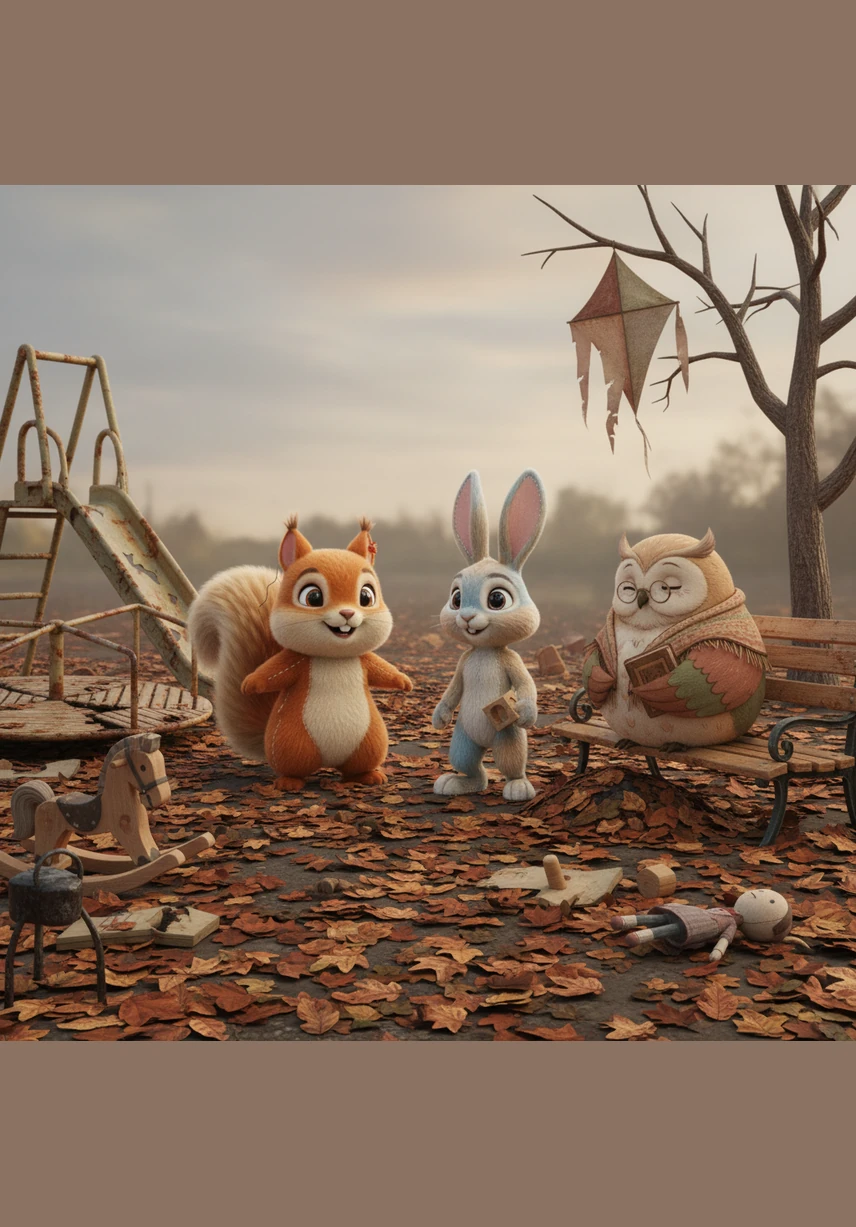 Το πάρκο, που κάποτε έσφυζε από ζωή, ήταν τώρα σκεπασμένο από ξερά φύλλα, σπασμένα κλαδάκια και πέτρες. Τα μικρά ζωάκια δυσκολεύονταν να τρέξουν και να παίξουν χωρίς να σκοντάψουν στις στοίβες που είχαν μαζευτεί παντού.