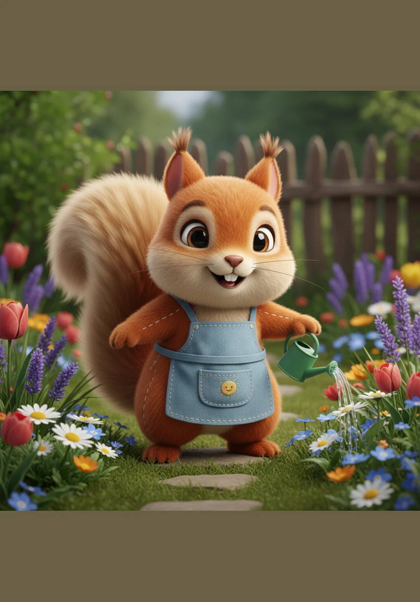 Στη συνέχεια εμφανίστηκε η Μέλι η αρκούδα, κουβαλώντας ένα μεγάλο ξύλινο δοχείο με δροσερό νερό από το ποτάμι. Άρχισε να ποτίζει τα διψασμένα λουλούδια στις άκρες του μονοπατιού, δίνοντας ξανά ζωή στα έντονα χρώματα του δάσους.