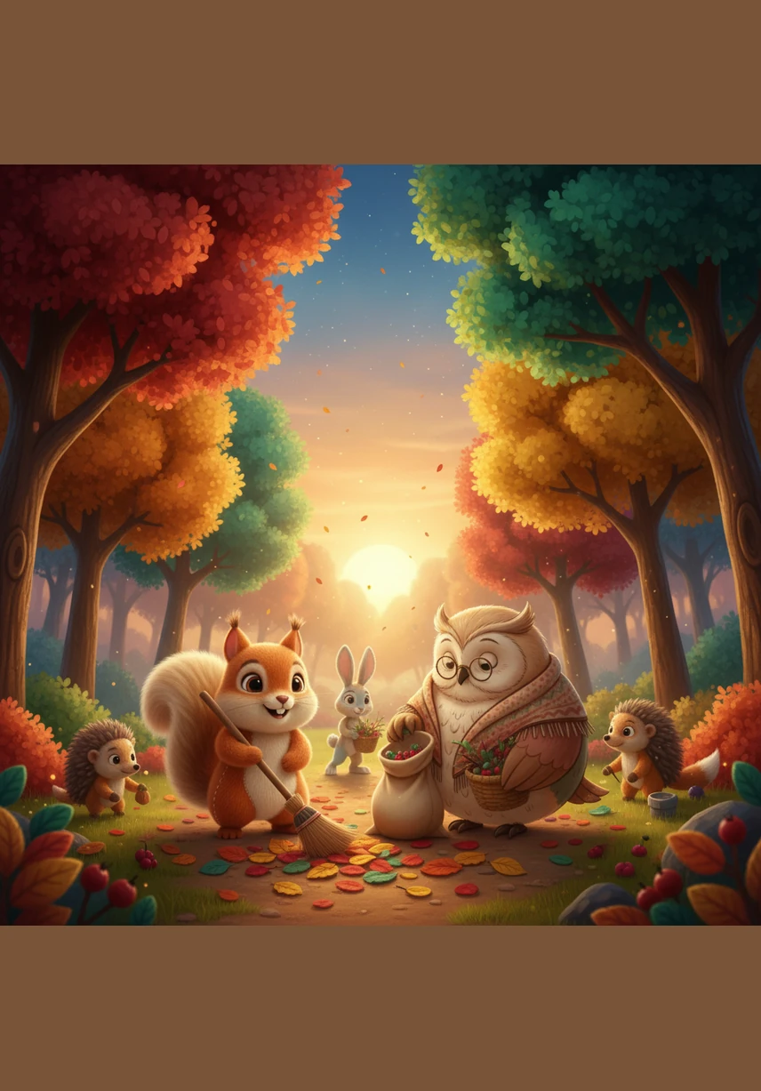 Καθώς ο ήλιος άρχισε να δύει, όλα τα ζωάκια δούλευαν μαζί αρμονικά, καθαρίζοντας και την τελευταία γωνιά του πάρκου. Το δάσος των χρωμάτων άρχισε να λάμπει ξανά κάτω από το χρυσό και πορτοκαλί φως του απογεύματος.