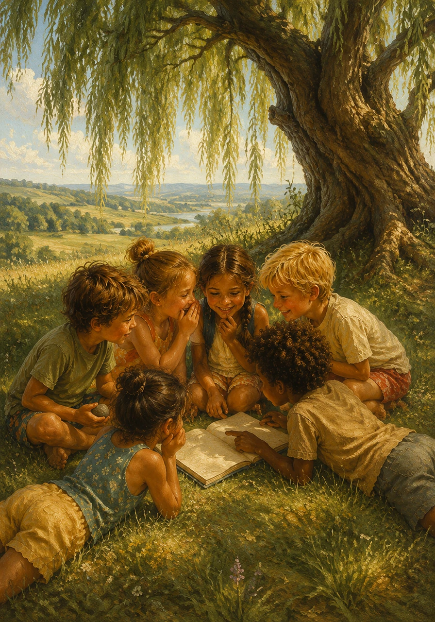 Under the shade of the ancient willow tree, Leo and his friends huddled close together on the grassy hill. They opened a worn notebook, whispering excited secrets and plotting their annual pilgrimage to the hidden beach. The summer breeze seemed to carry their laughter across the fields.