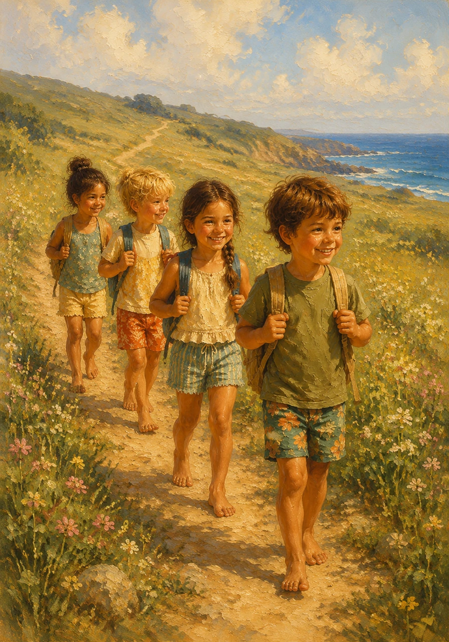 With small backpacks slung over their shoulders, the children set off down the winding dirt path. Leo led the way, his heart dancing with anticipation as the sweet scent of wild clover began to mix with the salty tang of distant ocean air.
