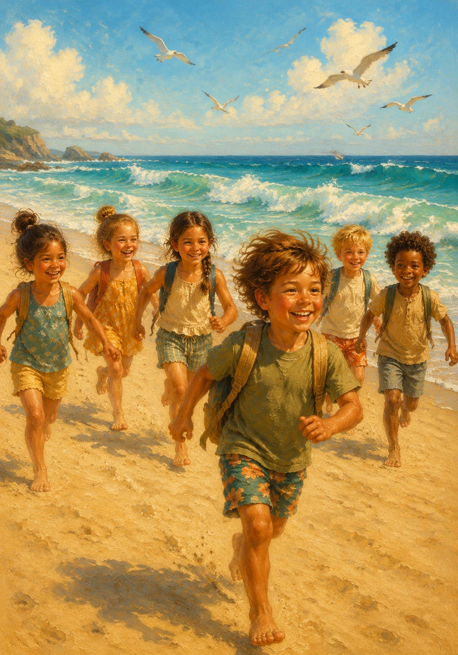 The path opened up to reveal a vast expanse of golden sand and rolling turquoise waves. Leo ran forward, feeling the warm grains squeeze between his toes as the seagulls called out a noisy welcome to the returning travelers.