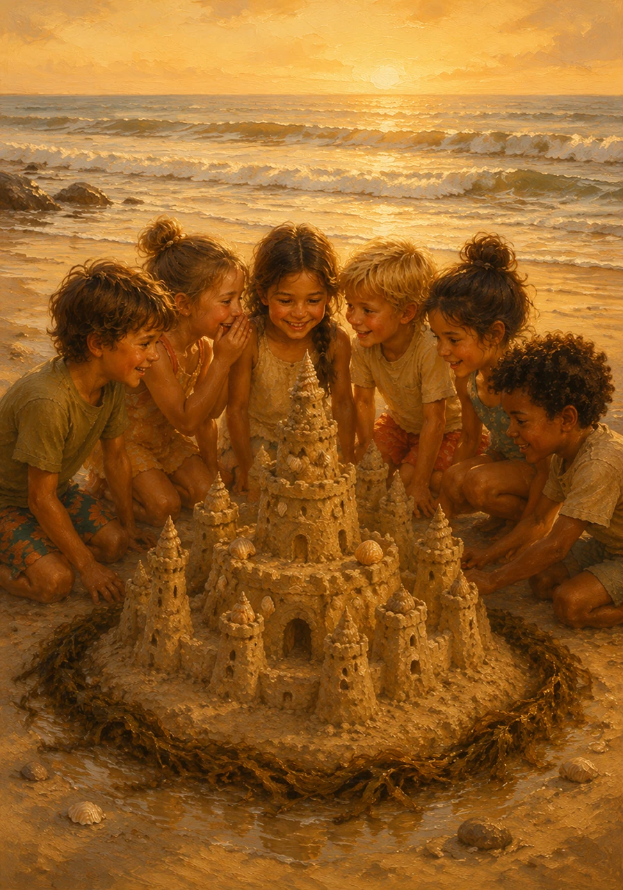 The afternoon was spent building a magnificent sand fortress, complete with seashell windows and a seaweed moat. The children worked in perfect harmony, whispering new secrets into the hollow towers before the rising tide could claim them.