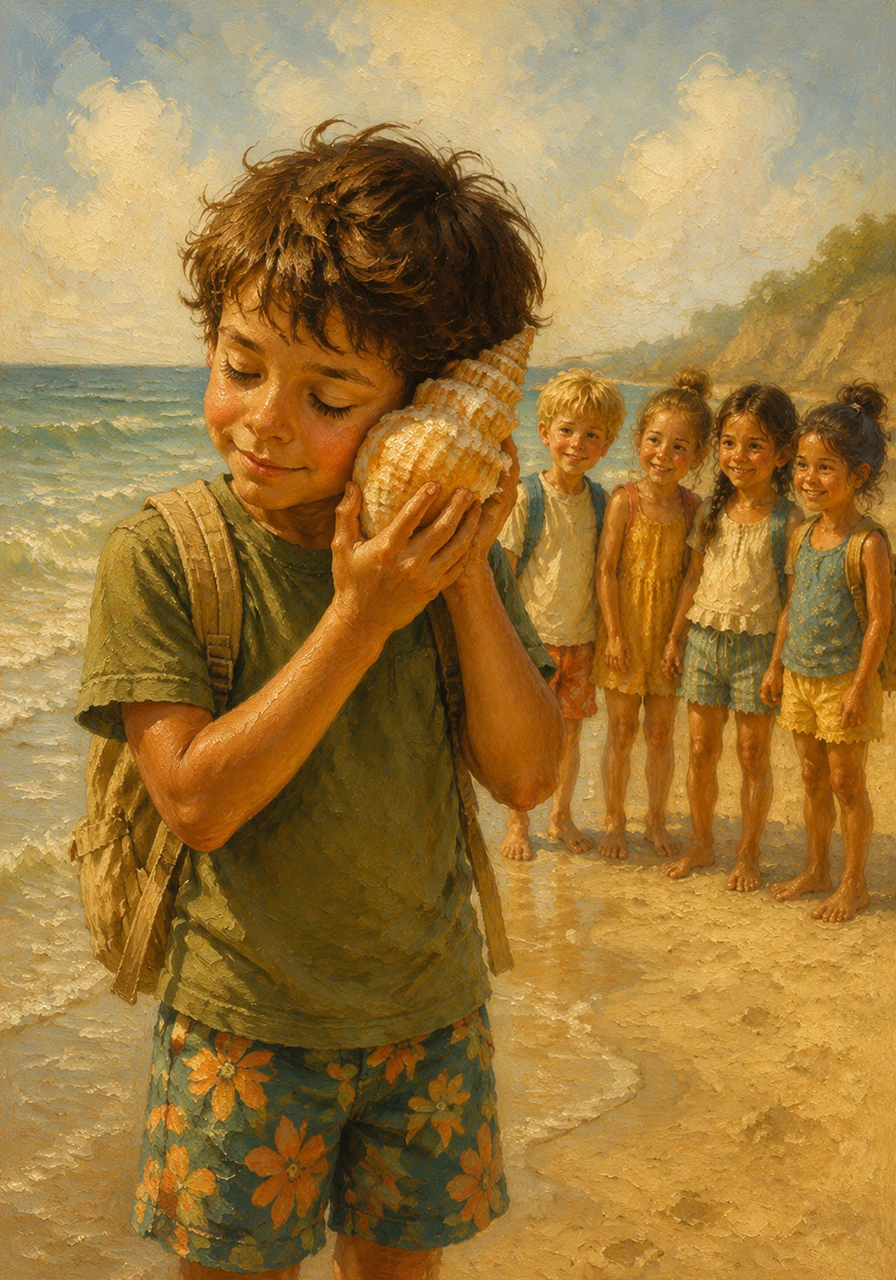 Leo found a large, spiral conch shell half-buried near the shoreline. He pressed it to his ear, listening intently to the deep, echoing song of the ocean, believing it was holding all the secrets of the sea just for them.