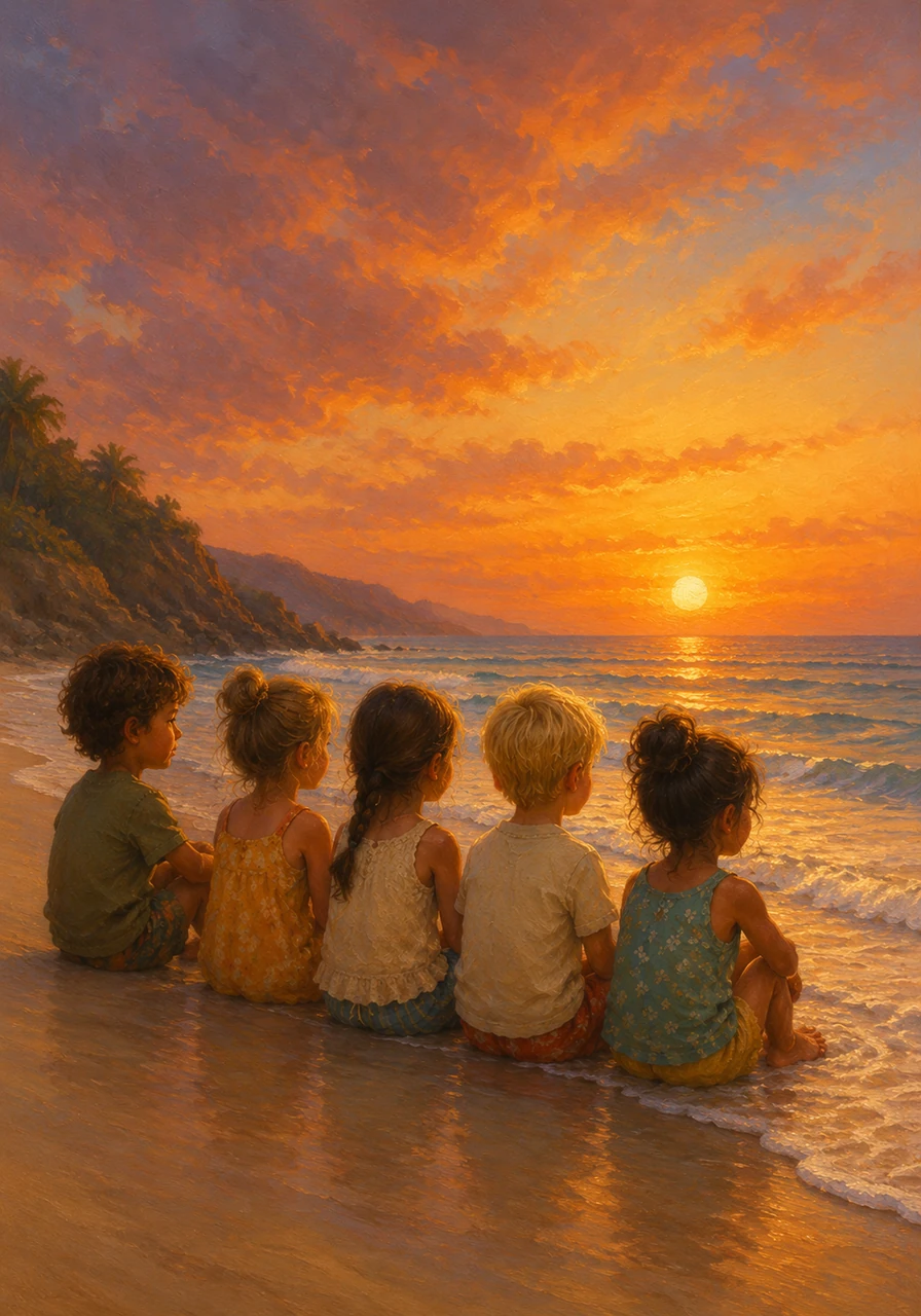 As the sun began to dip toward the horizon, painting the sky in shades of warm orange and soft purple, the children sat quietly by the water's edge. They watched the gentle waves wash away their footprints, leaving the shore smooth and clean once more.