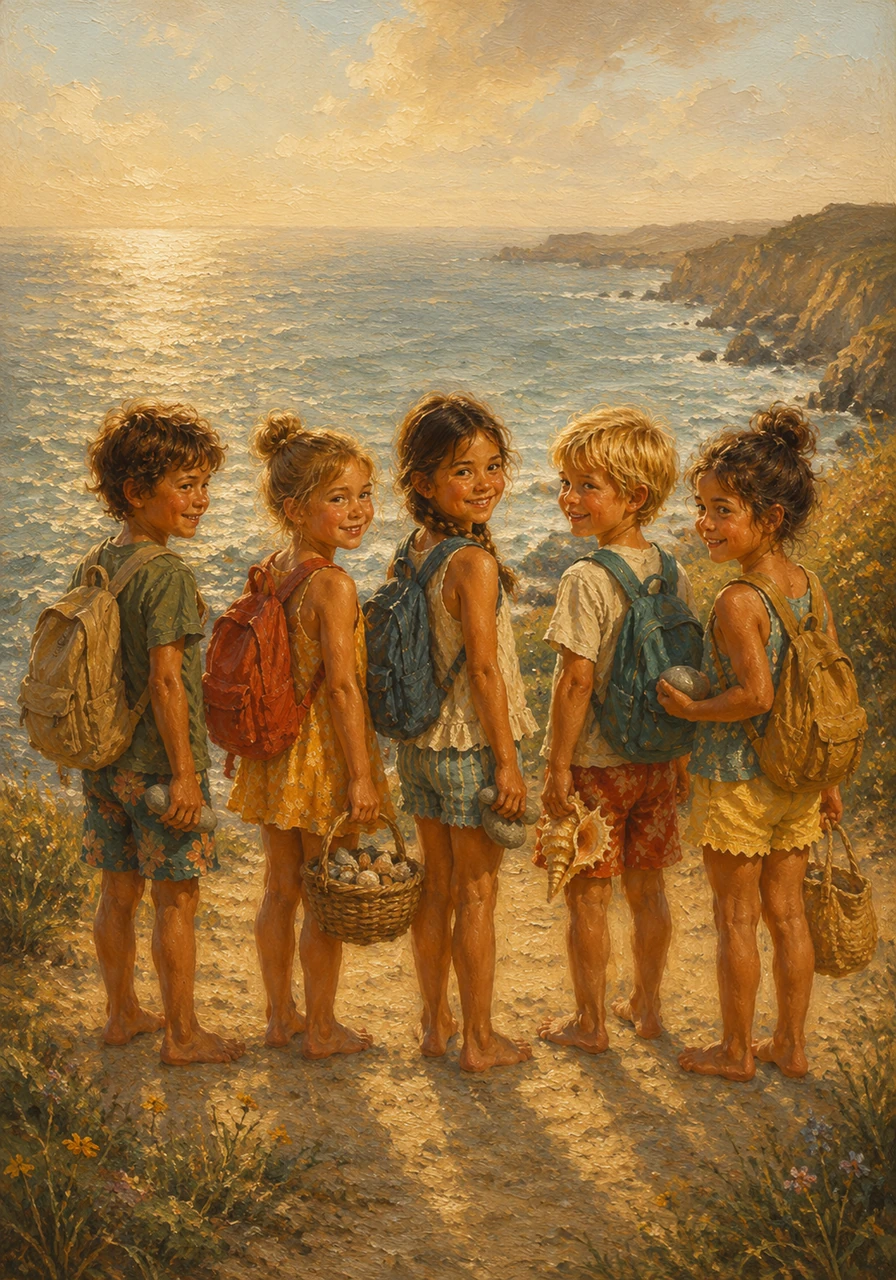 With heavy but happy hearts, Leo and his friends packed up their treasures, including a few special smooth stones to remember the day. They took one last long look at the vast ocean before turning back toward the path.