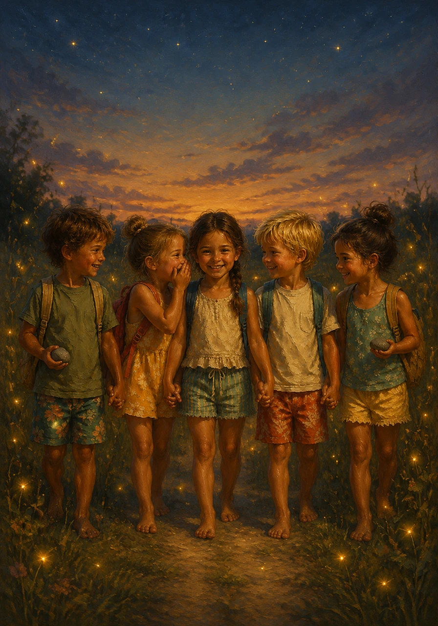 The journey home was quiet and peaceful under the rising evening stars. Fireflies began to blink in the tall grass, lighting their way as the children walked hand-in-hand, tired but deeply content from their adventure.
