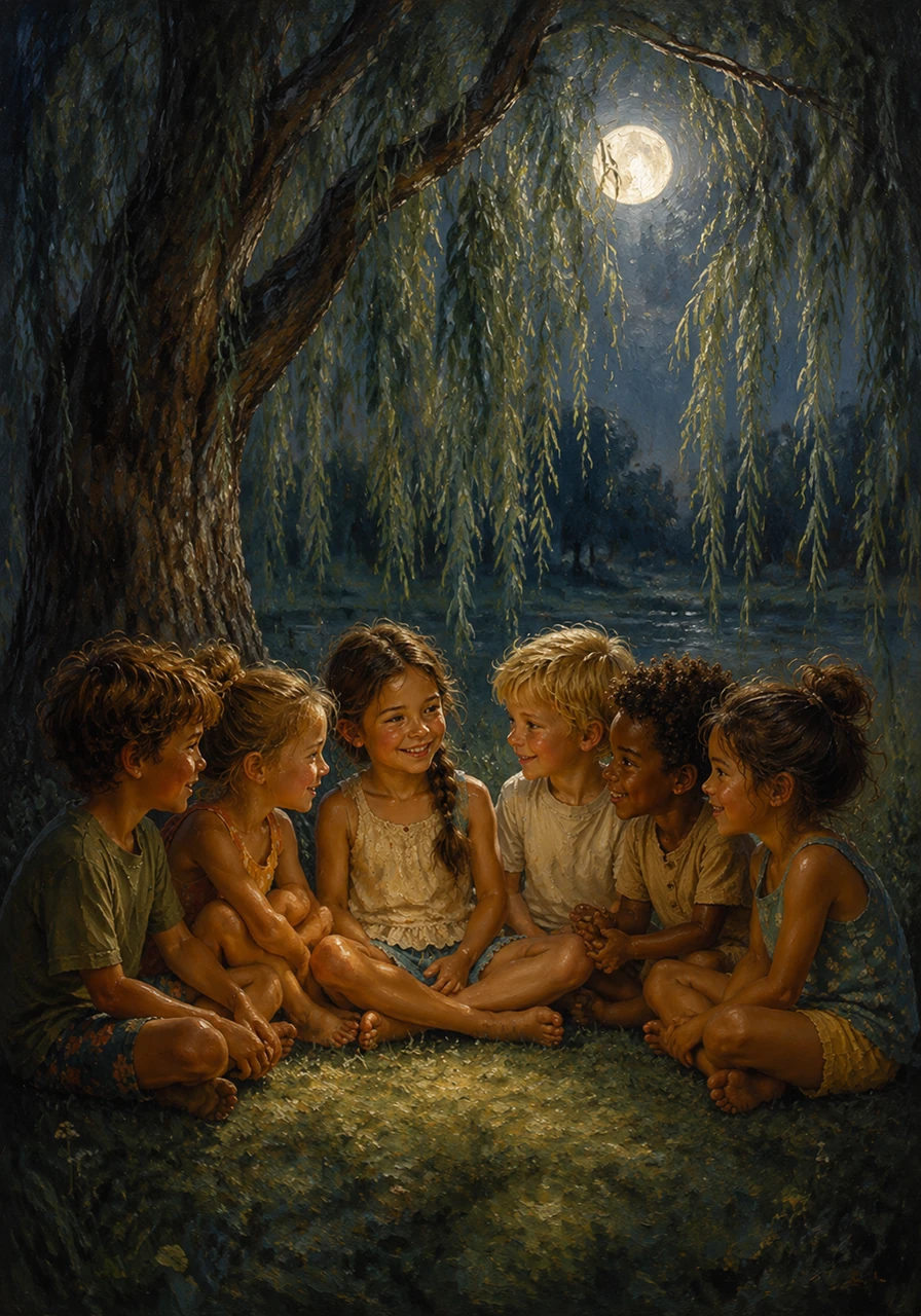 Back under the willow tree, now bathed in silver moonlight, they sat in a cozy circle to share their favorite moments. They promised to keep the magic of the beach safe in their hearts until the next summer arrived.