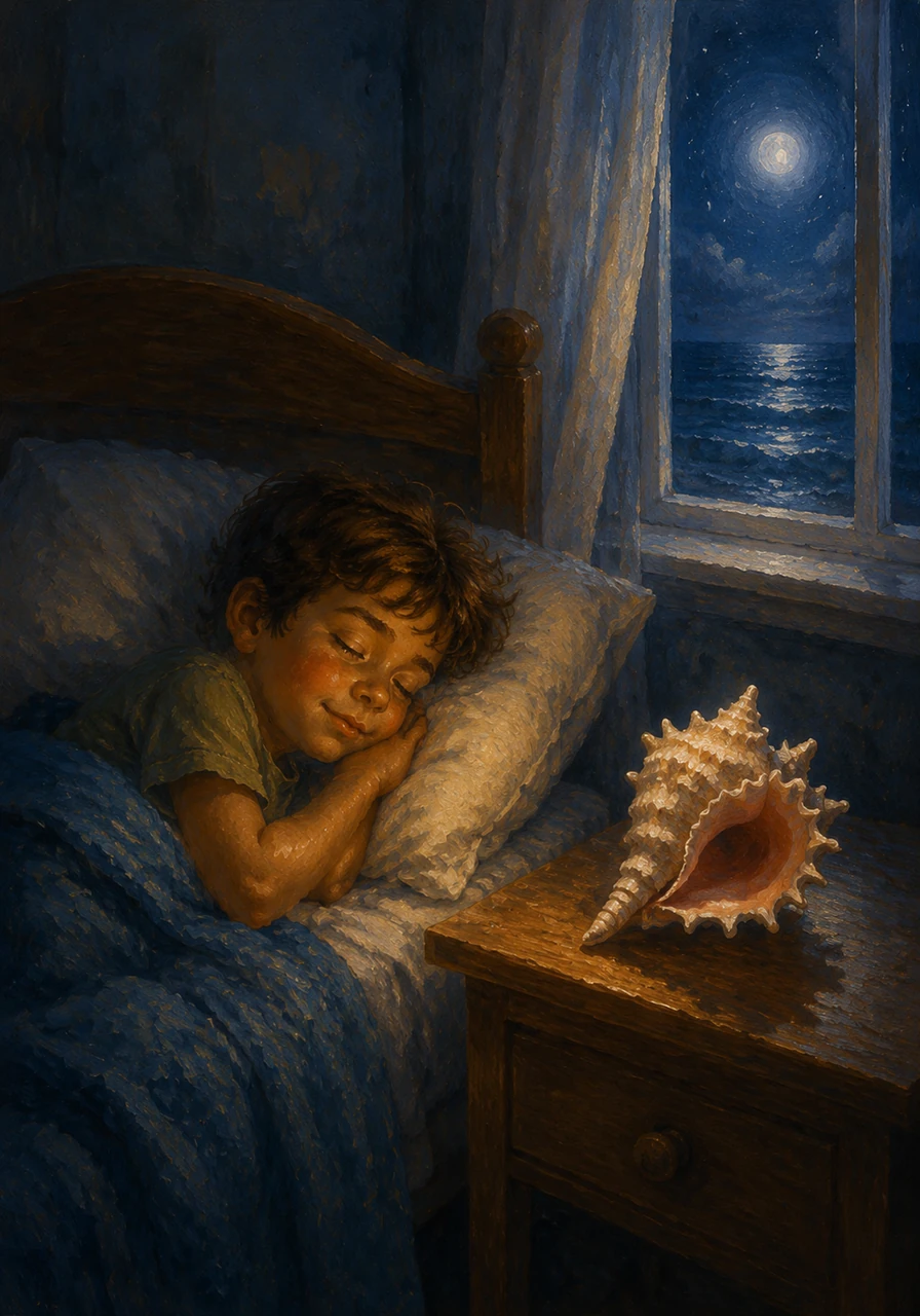 Leo finally curled up in his warm bed, the precious conch shell resting safely on his nightstand. As he drifted off to sleep, he could still hear the distant, soothing rhythm of the waves calling him back to the sea.