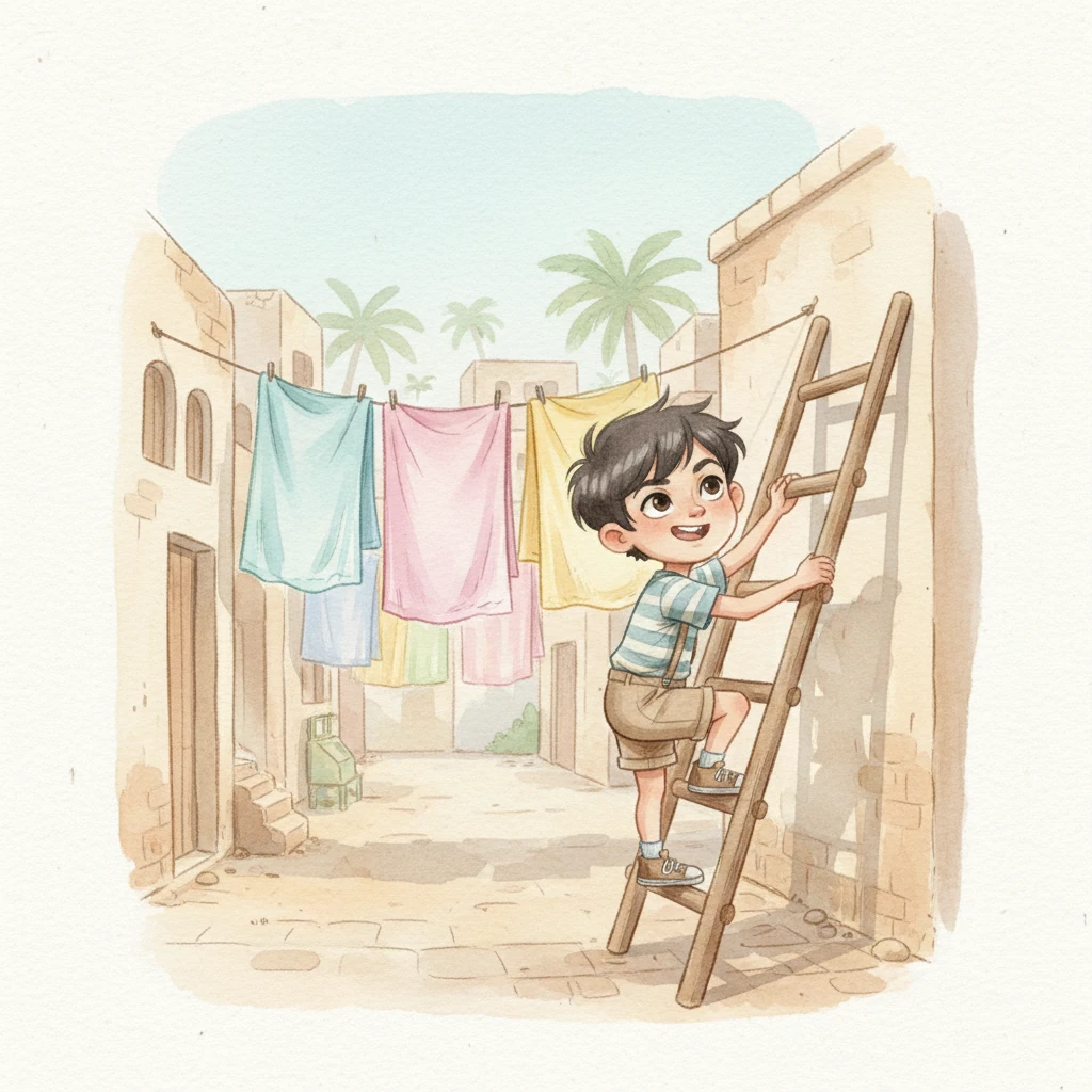 In a bustling, sun-drenched Egyptian neighborhood, young Karim, with eyes full of mischief and curiosity, often found himself on exciting adventures. His clever mind was always buzzing with new ideas, making him a well-known, spirited boy in the lively streets. Colorful laundry hung between buildings, and the air hummed with friendly chatter and the distant calls of street vendors.