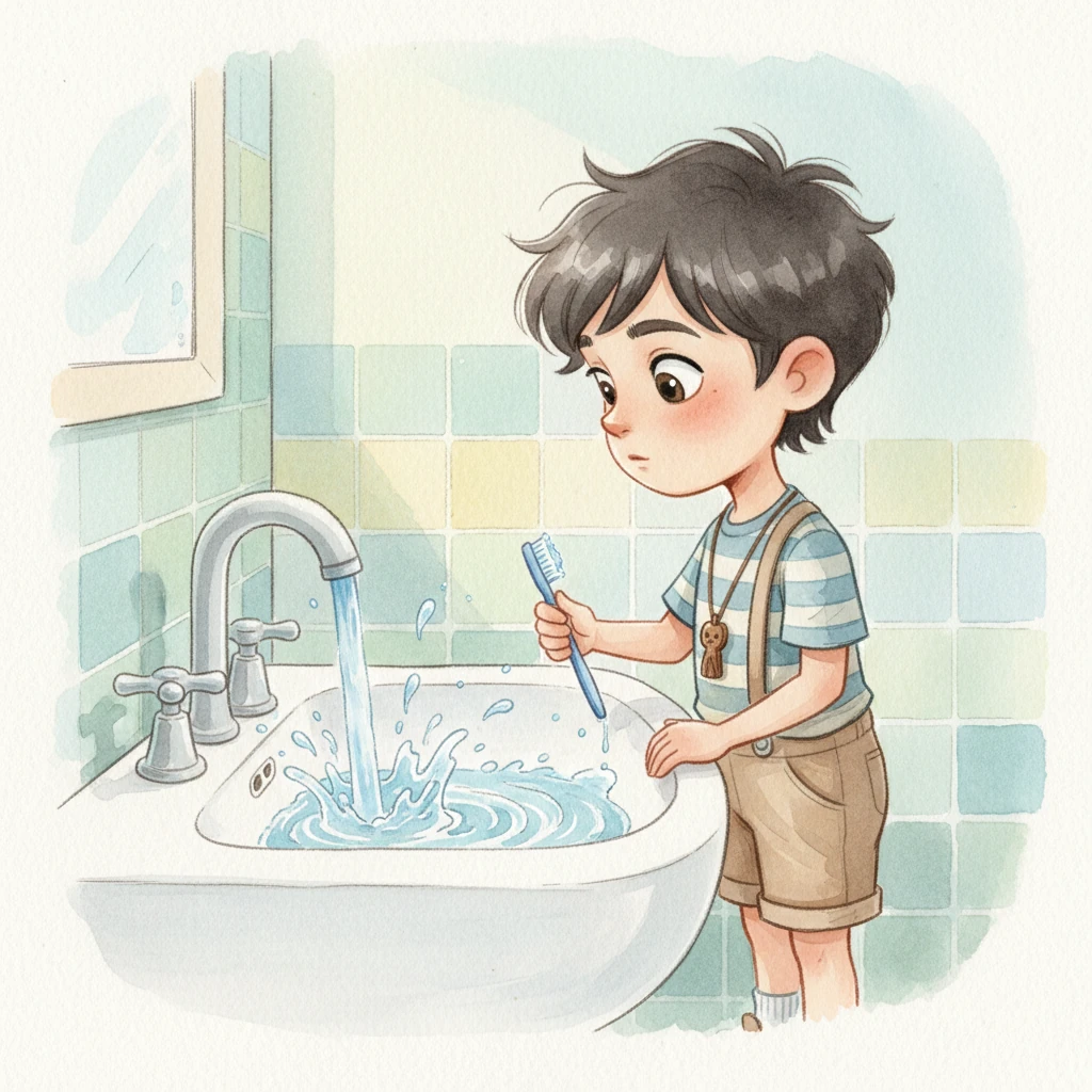 One scorching hot day, after playing outside, Karim headed to the bathroom to brush his teeth. The faucet gushed water quickly, a torrent splashing into the sink as he fumbled with his toothbrush. He watched the water swirl, lost in thought as the brush danced in his hand.