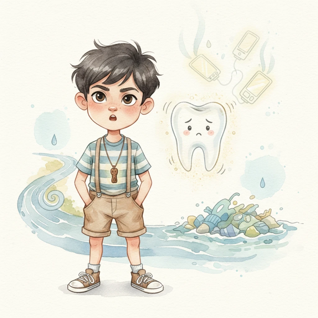 Karim, wide-eyed and bewildered, mumbled, "The Earth needs a dentist? What are you talking about?" The tooth, now pulsing with a gentle shimmer, began to explain with emphatic wiggles. "The water you leave running while brushing? The Nile is sad! The plastic people throw in the street and sea? The ocean is crying! And the lights and devices left on for no reason? Energy vanishes into thin air!"