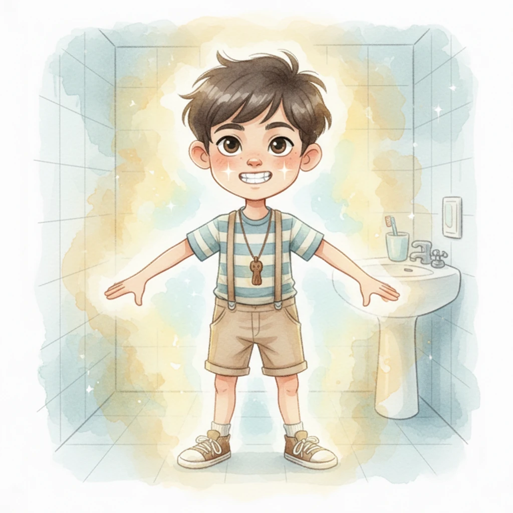 As the tooth spoke, Karim felt a powerful warmth spread through him, and his own teeth began to gleam like polished silver. A radiant, heroic aura shimmered around him, filling the small bathroom with a magical glow. With newfound determination, he declared, "I will protect my teeth, and I will protect this entire neighborhood!"