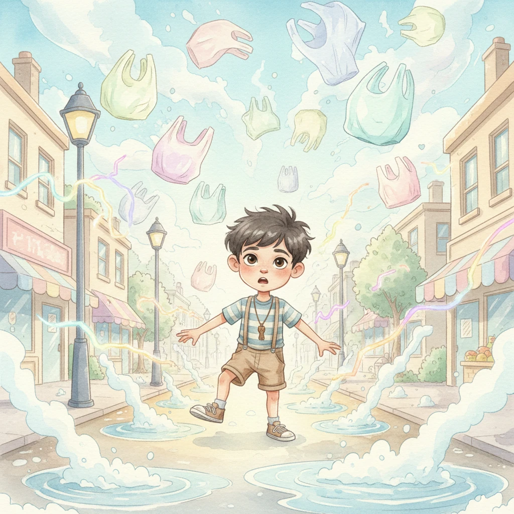 In a flash, the familiar neighborhood transformed into a fantastical, chaotic landscape. Plastic bags swirled wildly in the sky, water in the streets bubbled and boiled, and electrical currents sparked and flickered erratically. The vibrant colors of the street seemed dulled by the overwhelming mess.