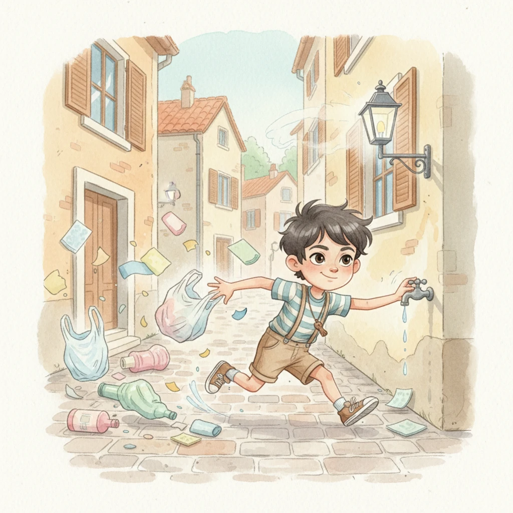 Without hesitation, Karim sprang into action, a blur of motion. He raced through the streets, scooping up flying plastic, swiftly turning off neglected faucets, and clicking off every unnecessary light. His small hands worked with surprising speed and purpose, bringing order to the swirling chaos.