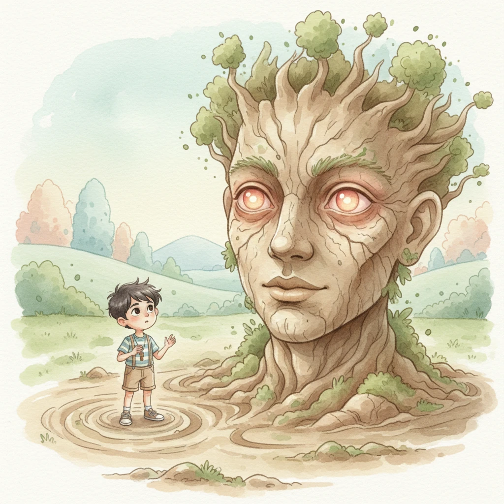 Suddenly, the ground beneath him rippled, and a colossal, ancient face emerged from the earth, its eyes glowing with a deep, reddish hue. "Well done, Karim," a resonant voice boomed gently. "Every small, healthy step makes a difference. Every good habit protects you and the planet."