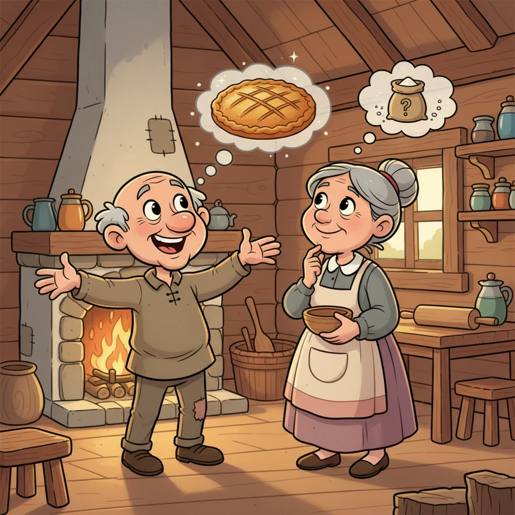 Dans une jolie petite maison en bois, un vieux monsieur et sa vieille dame rêvent d'une délicieuse galette. L'homme, avec un grand sourire exagéré, exprime son envie gourmande. La femme, pensive mais souriante, se demande où trouver la farine nécessaire, dans une ambiance chaleureuse et lumineuse.