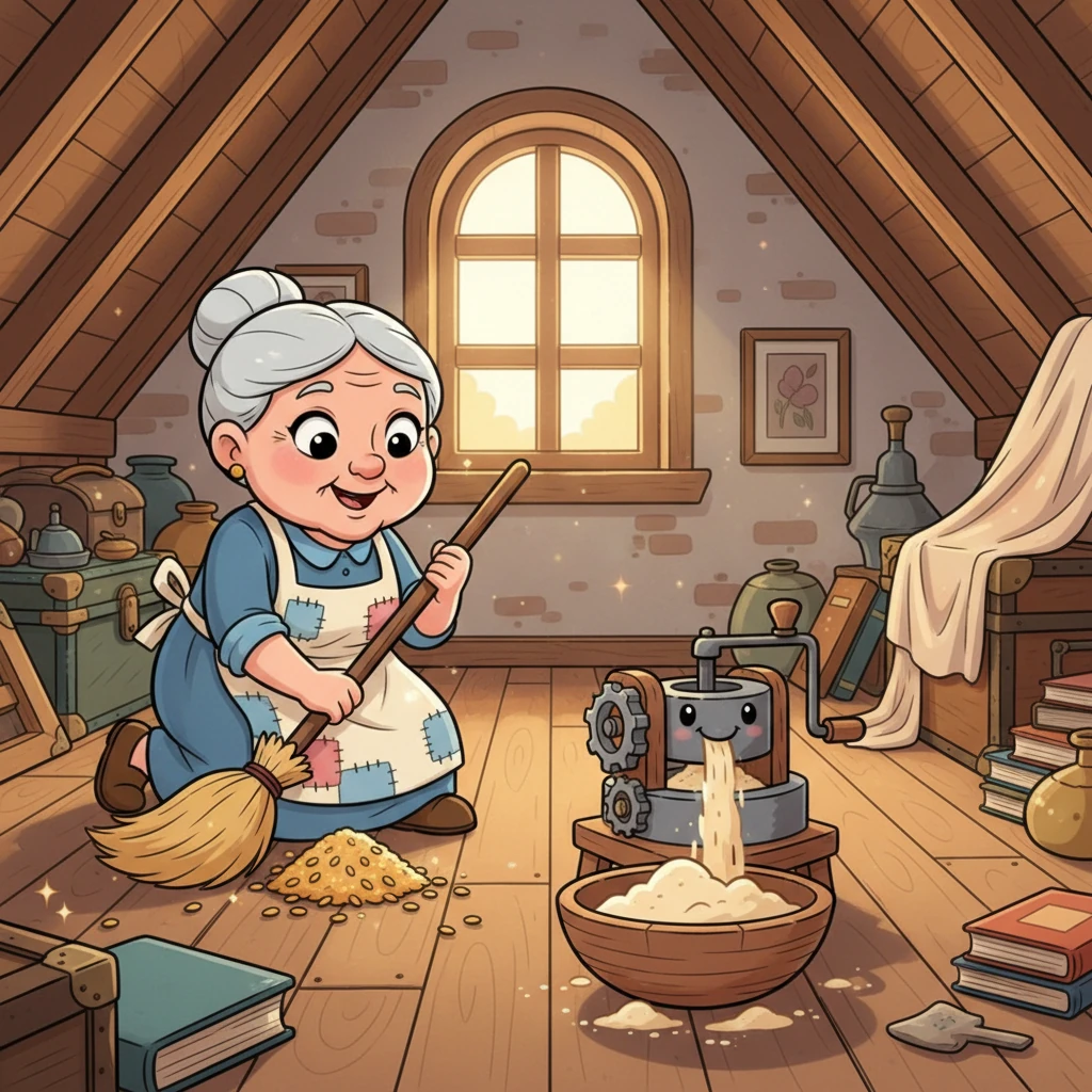 La vieille femme, pleine d'ingéniosité, monte au grenier. Avec son balai aux poils doux, elle ramasse de précieux grains de blé scintillants sur le plancher en bois. Elle les moud ensuite avec amour dans un moulin joyeux pour obtenir une belle farine dorée et légère, prête à être transformée.