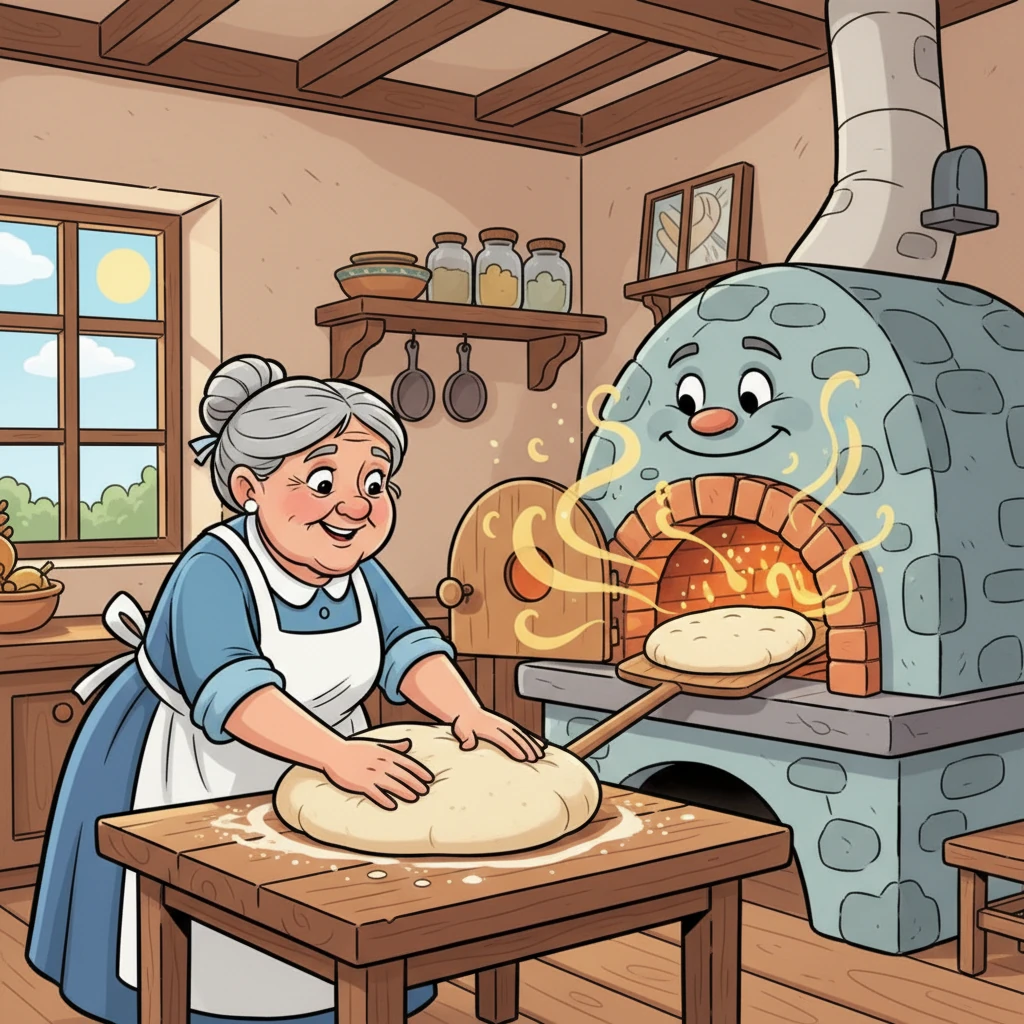 Avec la farine fraîchement préparée, la vieille femme pétrit une pâte souple et élastique, la façonnant en une galette parfaitement ronde et dodue. Elle la glisse ensuite délicatement dans le four chaud et souriant. Une douce odeur sucrée et invitante commence à embaumer toute la maison.