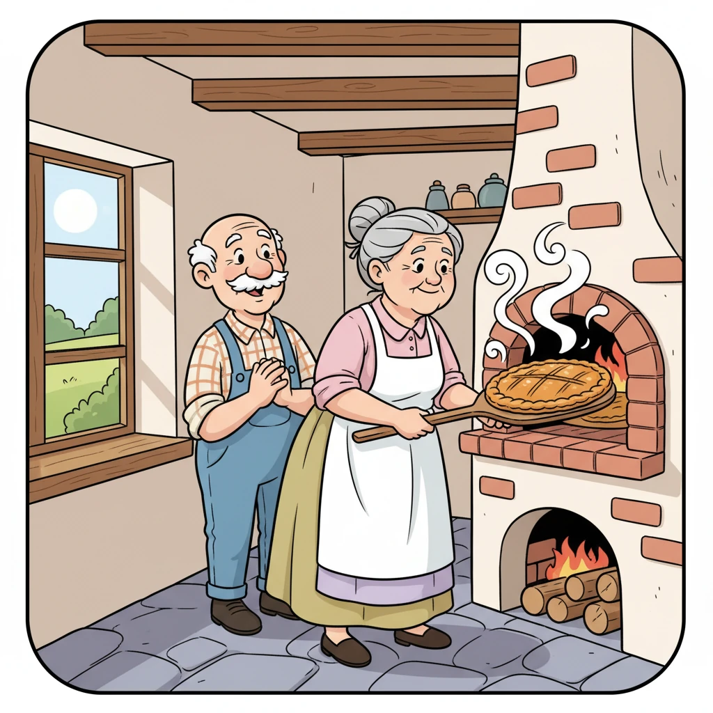 La galette, maintenant dorée et croustillante, est sortie du four avec un air triomphant. Elle est encore bien trop chaude, avec de petites volutes de vapeur joyeuses s'élevant d'elle ! La vieille femme la dépose sur le rebord de la fenêtre, sous le regard impatient et amusé du vieil homme, pour la laisser refroidir.