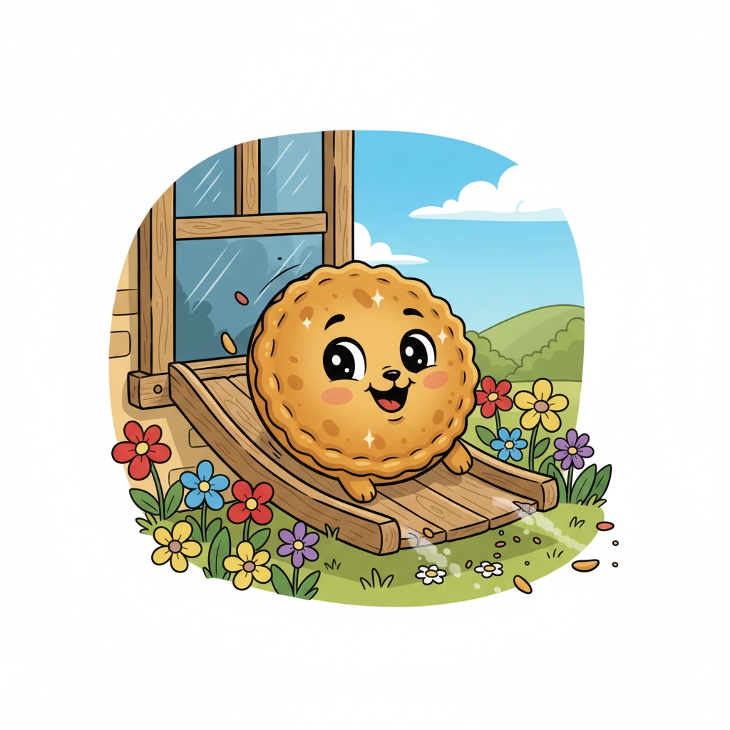 Après quelques instants, la galette s'ennuie de rester immobile. Avec un petit rire malicieux et des yeux pétillants, elle se laisse glisser du rebord de la fenêtre comme un petit toboggan. Elle tombe dans le jardin fleuri et commence à rouler, rouler, toujours plus loin, pleine d'entrain et de joie de vivre.