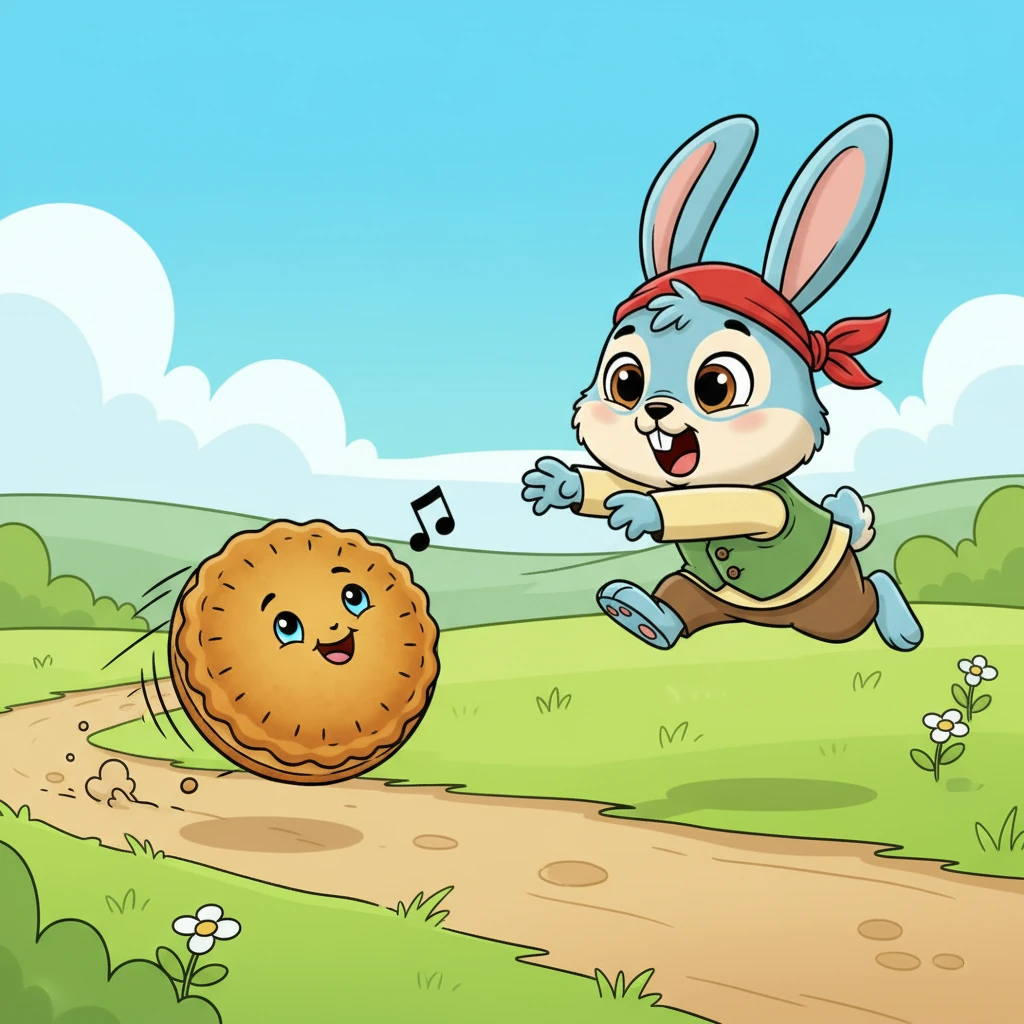 Sur son chemin, la Galette Roulante rencontre un lapin aux longues oreilles exagérées et aux yeux ronds. Le lapin, affamé, s'écrie avec un bond qu'il va la grignoter ! Mais la galette, rusée et rapide, entonne une joyeuse chanson et s'échappe en un clin d'œil, laissant le lapin perplexe et ébouriffé.