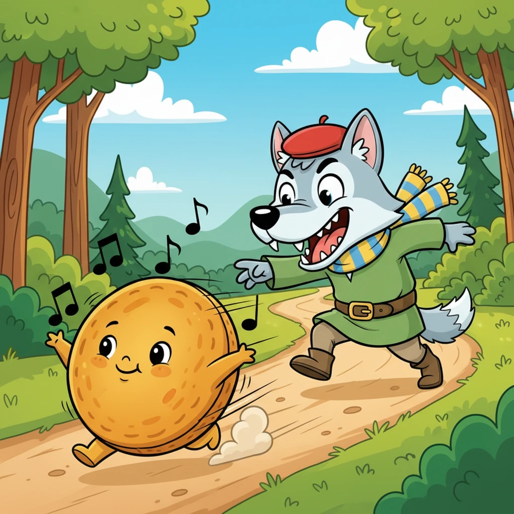 La galette continue de rouler sur le sentier et tombe nez à nez avec un grand loup gris au sourire malicieux. Le loup, la gueule ouverte et les crocs brillants, menace de la dévorer ! Mais la galette, sans se démonter, chante à nouveau sa mélodie entraînante et file à toute vitesse, semant le loup derrière elle, qui semble frustré.