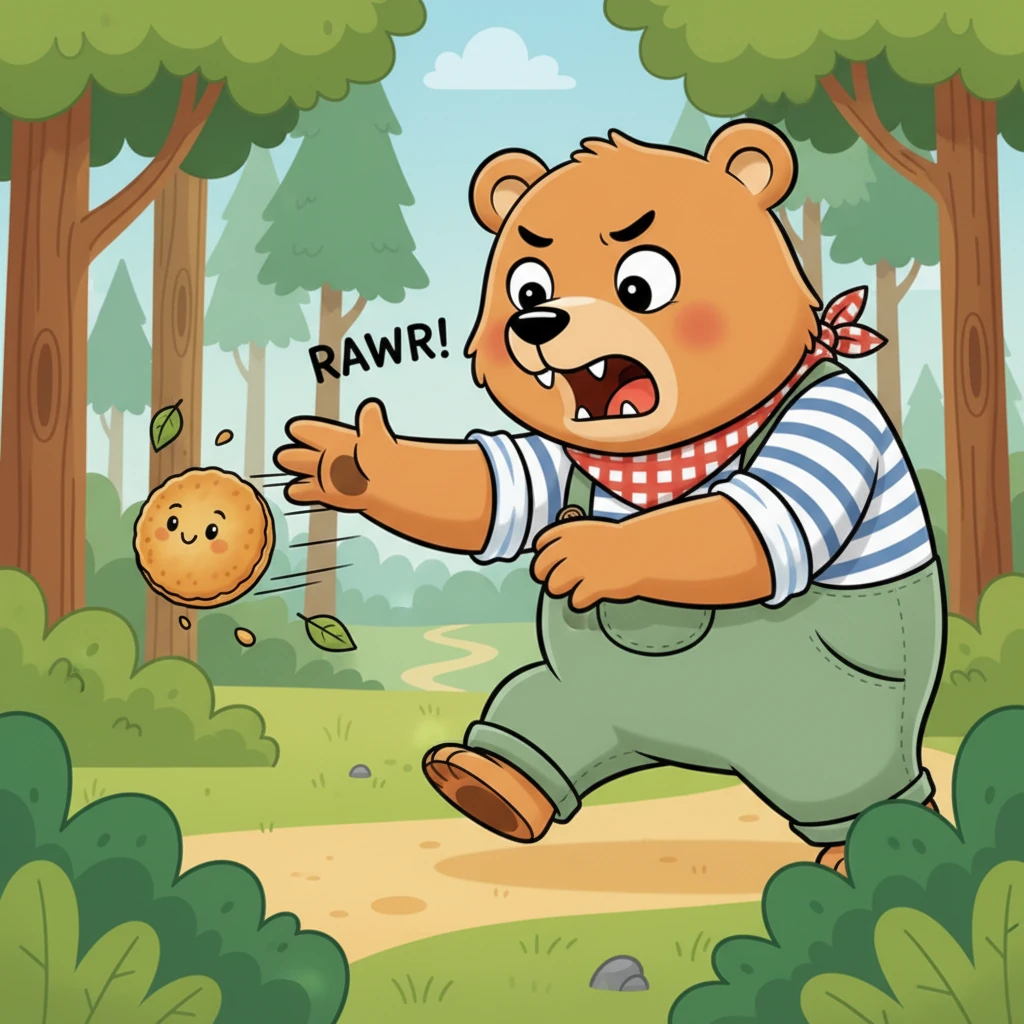 Plus loin dans la forêt verdoyante, la Galette Roulante croise un énorme ours grognon aux proportions gigantesques. L'ours, avec sa voix rauque, veut la manger tout cru ! Mais la galette, intrépide et agile, répète sa chanson entraînante et s'esquive habilement, laissant l'ours pataud et surpris derrière elle.