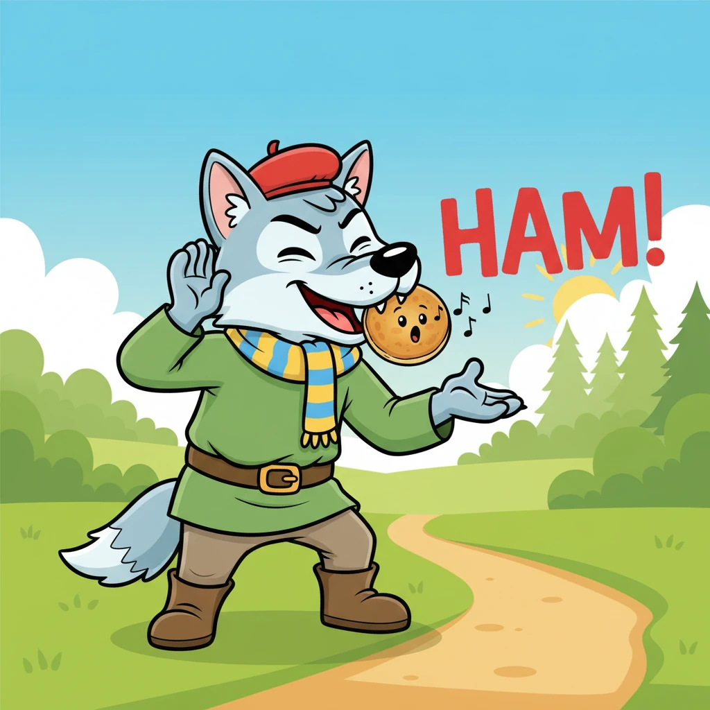 Le renard, feignant d'être sourd avec une main derrière l'oreille, demande à la galette de sauter sur son museau pour mieux l'entendre. La galette, toute confiante et pleine d'entrain, s'exécute et commence à chanter. Mais avant qu'elle ne finisse, le renard ouvre grand la gueule et l'avale d'un coup sec avec un grand HAM ! Le renard a un sourire satisfait.