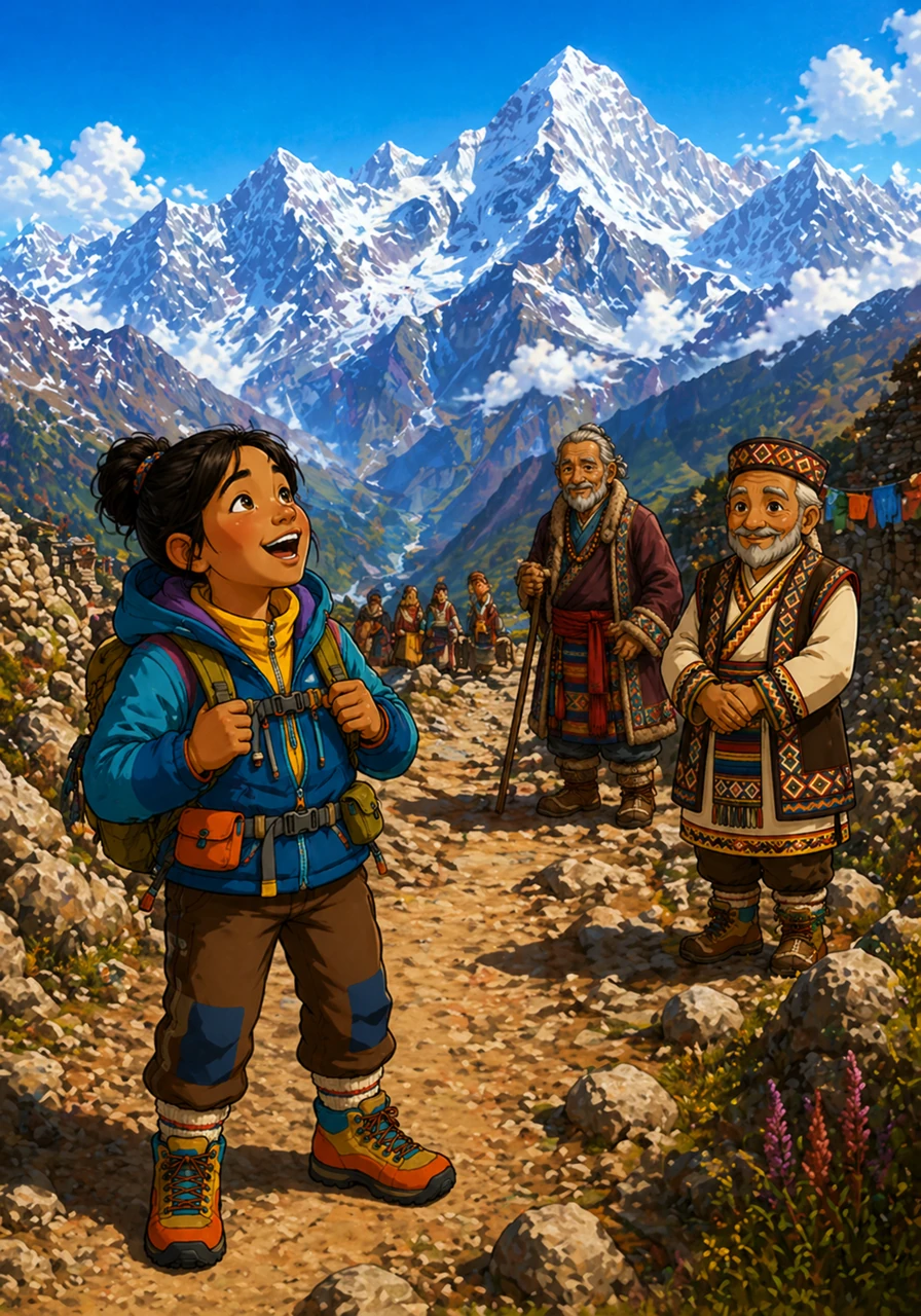 Lakshya gazed out of the window as the winding road climbed higher into the sky. The massive, snow-capped peaks of the Himalayas stood proudly against the bright blue horizon, welcoming him to a land of wonders.