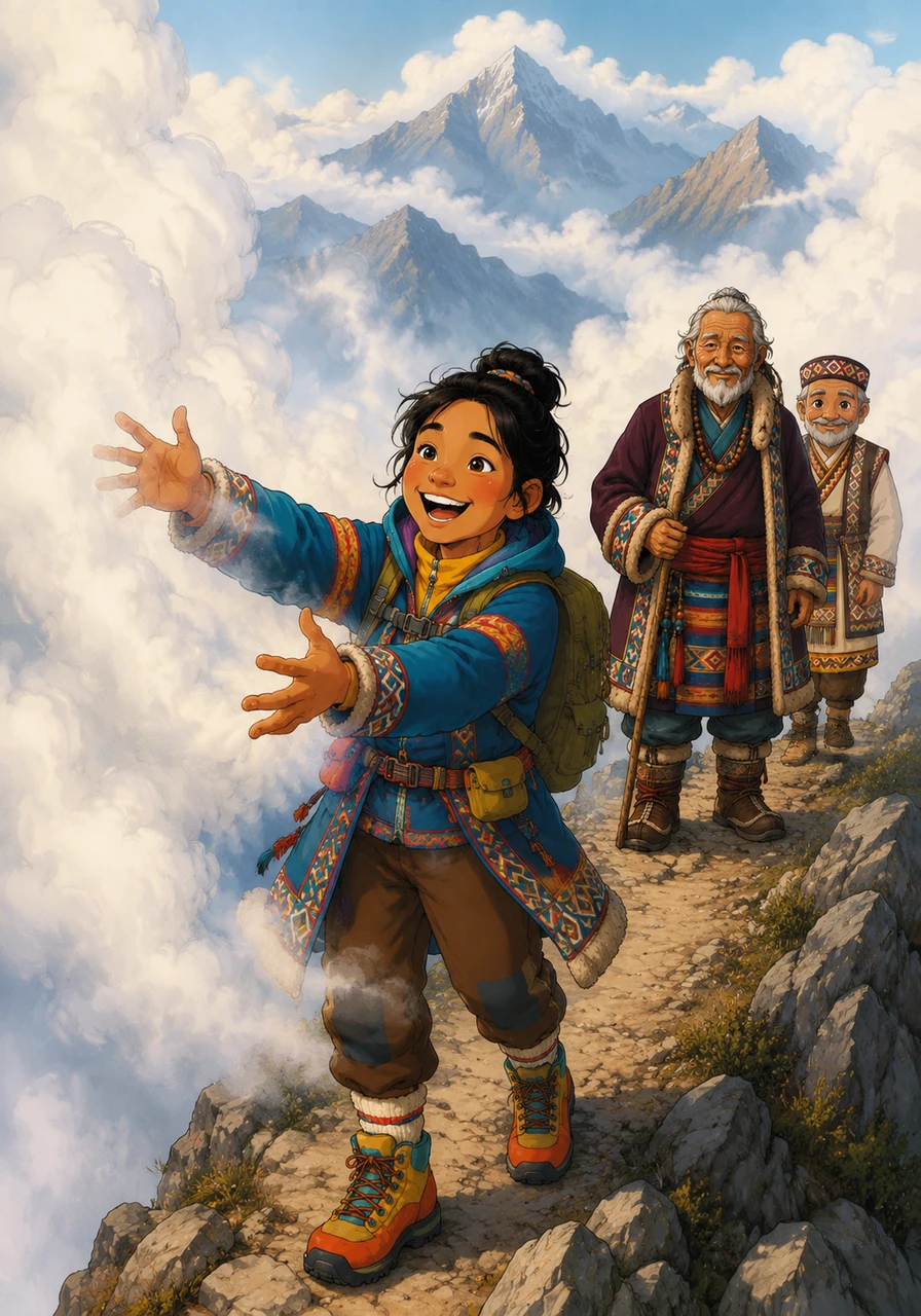 Stepping out onto a high mountain ridge, Lakshya gasped in delight as soft, fluffy white clouds drifted right past him. He reached out his hands and laughed, feeling the cool, damp mist of the clouds brushing against his fingertips.