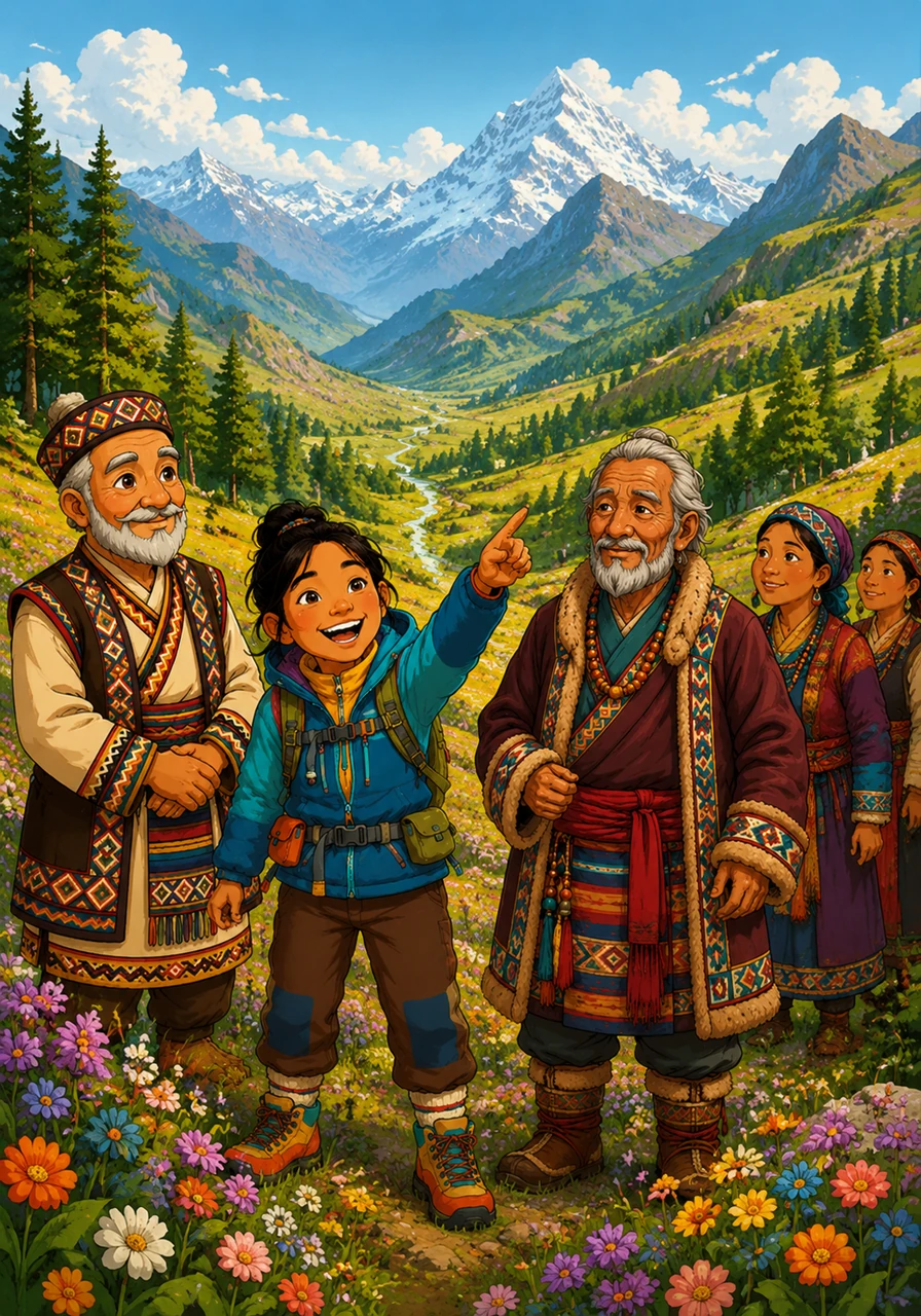 The landscape opened up into a breathtaking valley painted in every shade of green imaginable. Tall pine trees swayed gently in the mountain breeze, and vibrant wildflowers carpeted the rolling hills as far as the eye could see.