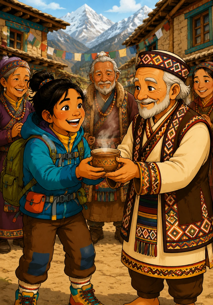 Walking through a cheerful mountain village, Lakshya met the friendly native people wearing beautifully patterned traditional clothing. They welcomed him with warm smiles and offered him a cup of hot, steaming butter tea that warmed him from the inside out.