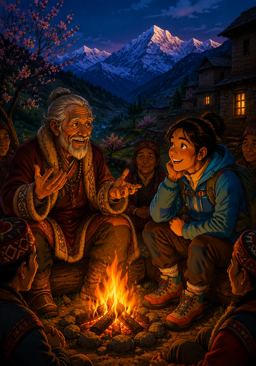 Sitting by a cozy outdoor fire, an elder villager shared fascinating stories about how the mountains change throughout the year. Lakshya learned about the heavy winter snows that bury the tracks, the blossoming spring, and the gentle monsoon rains that make the valleys thrive.