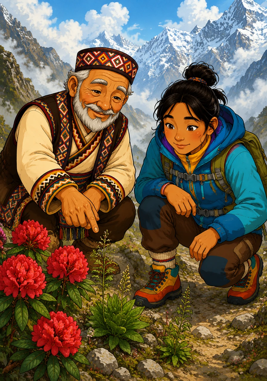 The wise elder also showed Lakshya the unique plants that grow in the high altitude. He pointed out the bright red rhododendron flowers and explained how certain mountain herbs are used by the villagers as natural medicine.