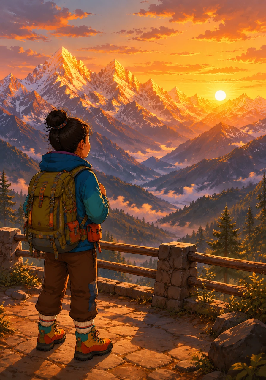 The next day, Lakshya hiked to a famous sight-seeing viewpoint just as the sun began to rise. The first golden rays of light hit the snowy peaks, turning the entire mountain range into a glowing canvas of gold and orange.