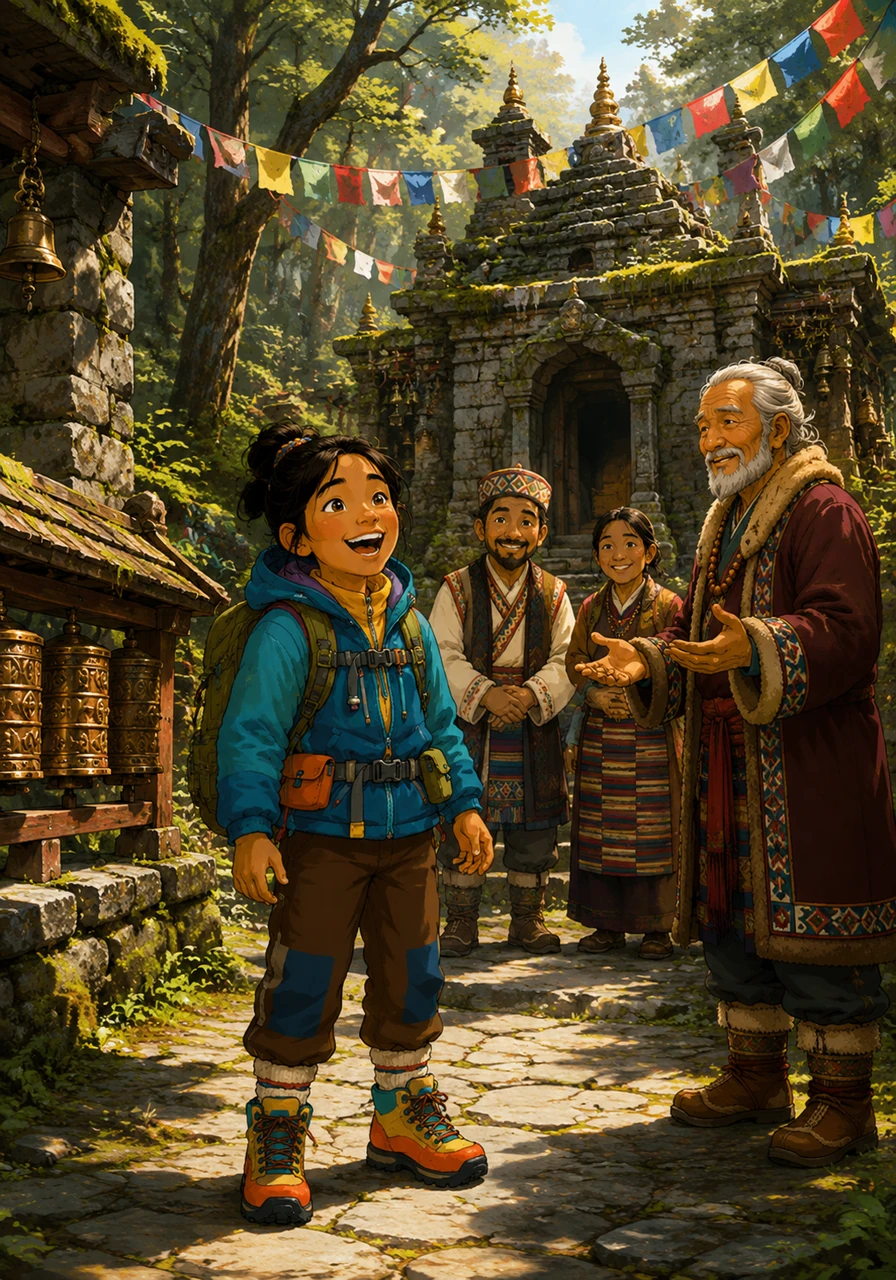 Deep in the quiet forest, Lakshya discovered a beautiful, ancient temple decorated with colorful prayer flags fluttering in the wind. The soothing sound of ringing bells and spinning prayer wheels filled the air with peace.