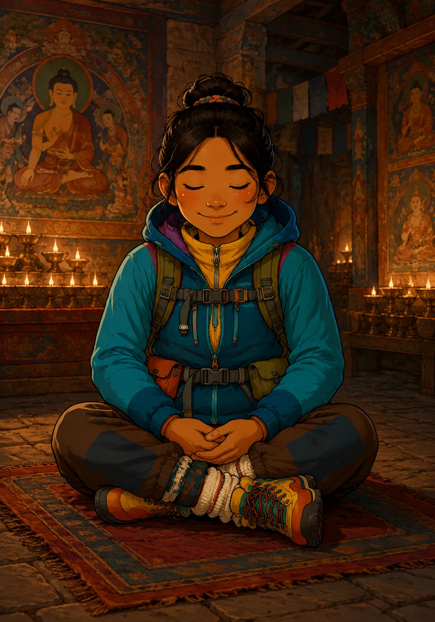 Inside the temple, Lakshya sat quietly and watched the soft glow of butter lamps illuminating the intricate wall paintings. He closed his eyes for a moment, feeling deeply grateful for the serenity and beauty surrounding him.
