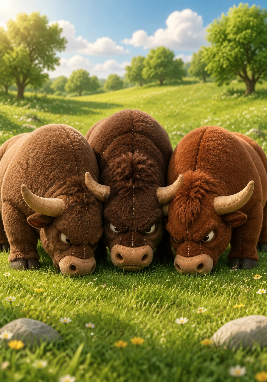 In the heart of a vibrant green meadow, three magnificent bulls named Bramble, Bruno, and Barnaby live in perfect harmony. Their powerful shoulders brush against one another as they graze peacefully under the warm sun, creating an impenetrable fortress of friendship.