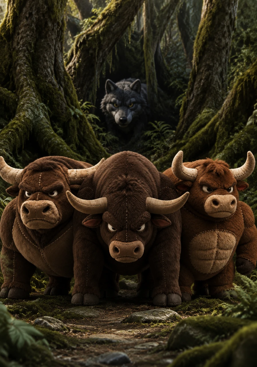 From the shadows of the surrounding ancient forest, a lean, silver wolf watches the trio with hungry, gleaming eyes. He longs to attack, but every time he steps forward, the three bulls stand shoulder to shoulder, their sharp horns pointing outward in a defiant shield.