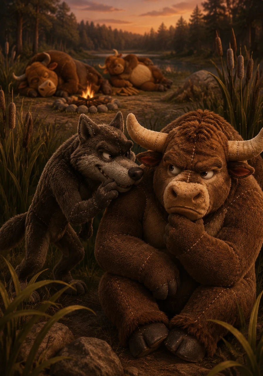 Realizing that brute force will never break their defense, the wicked wolf concocts a treacherous plan born of malice. He creeps through the tall grass when the others are resting, whispering softly into Bramble's ear that his companions secretly envy his unmatched strength.