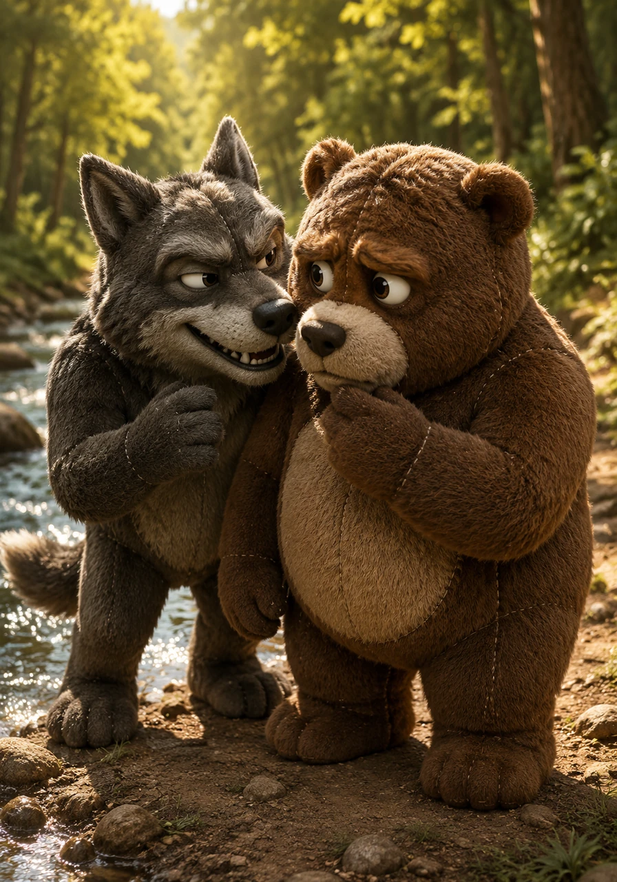 The next day, the sly wolf corners Bruno near the sparkling stream, planting seeds of doubt with a wicked grin. He lies and claims that Bramble and Barnaby are planning to abandon him the moment winter arrives, leaving him to freeze alone.