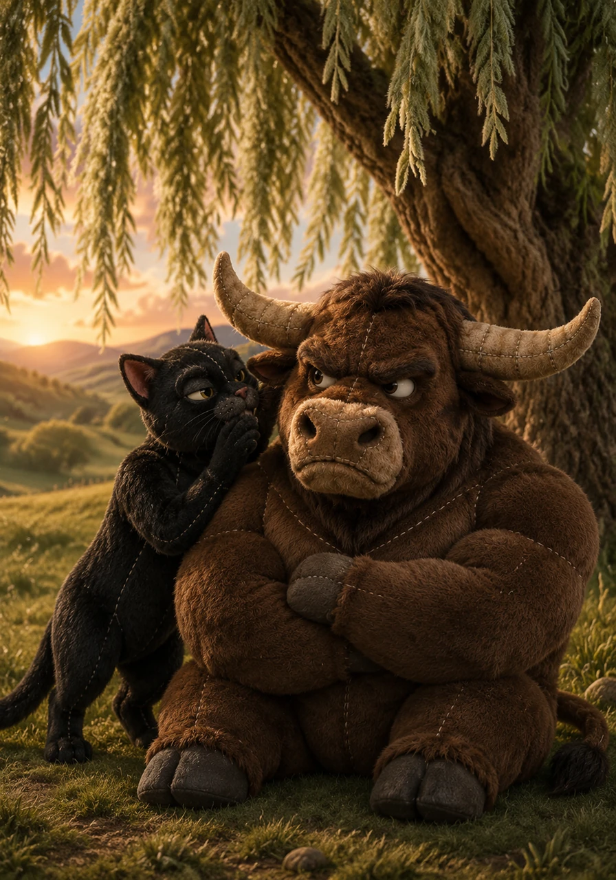 ly, the predator finds Barnaby resting beneath a weeping willow and murmurs a final, poisonous falsehood. He convinces the proud bull that a creature of his stature is far superior to the others and would be much better off ruling the meadow alone.