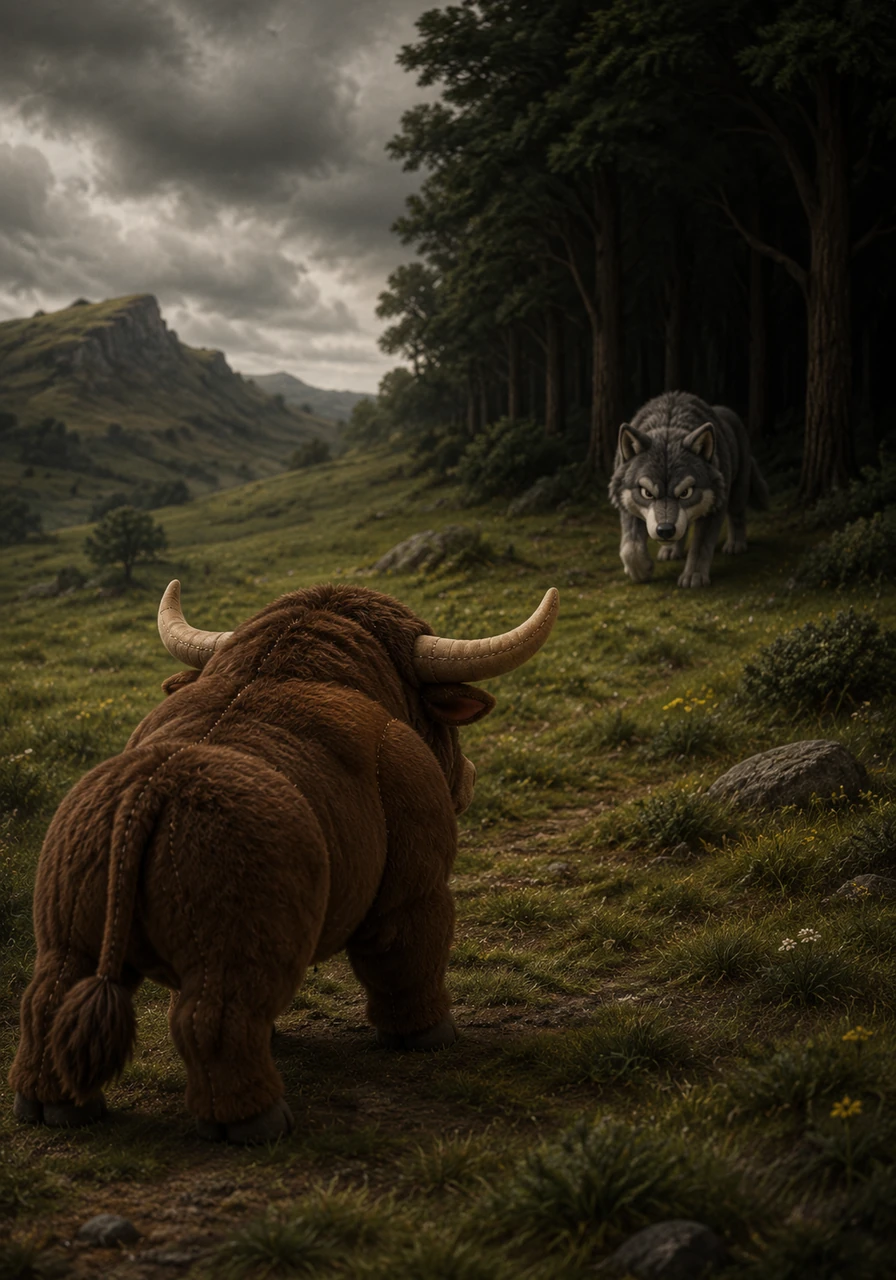 The once-unified meadow is now divided into three lonely territories, leaving each bull completely isolated and vulnerable. Seizing his golden opportunity, the wolf emerges from the dark woods, his eyes locked onto Bramble, who stands entirely alone near the western ridge.