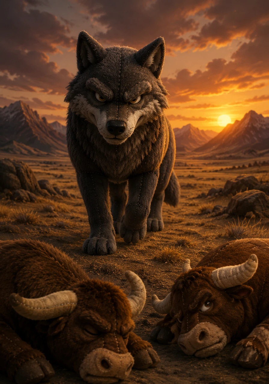 A heavy, somber silence falls over the vast field as the golden sun sets behind the distant mountains. The victorious wolf roams freely across the empty pastures, a triumphant tyrant over a beautiful land that was once defined by vibrant friendship.