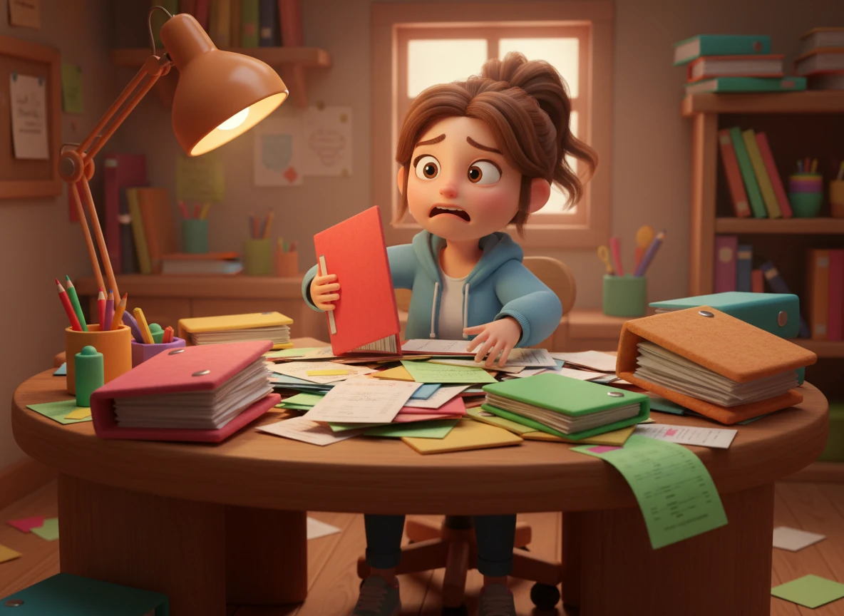 Alex sits at a heavy wooden desk buried under a mountain of paper membership forms and tangled binders. The dim lighting of the small office emphasizes the overwhelming stress of manual record-keeping in a cluttered workspace.