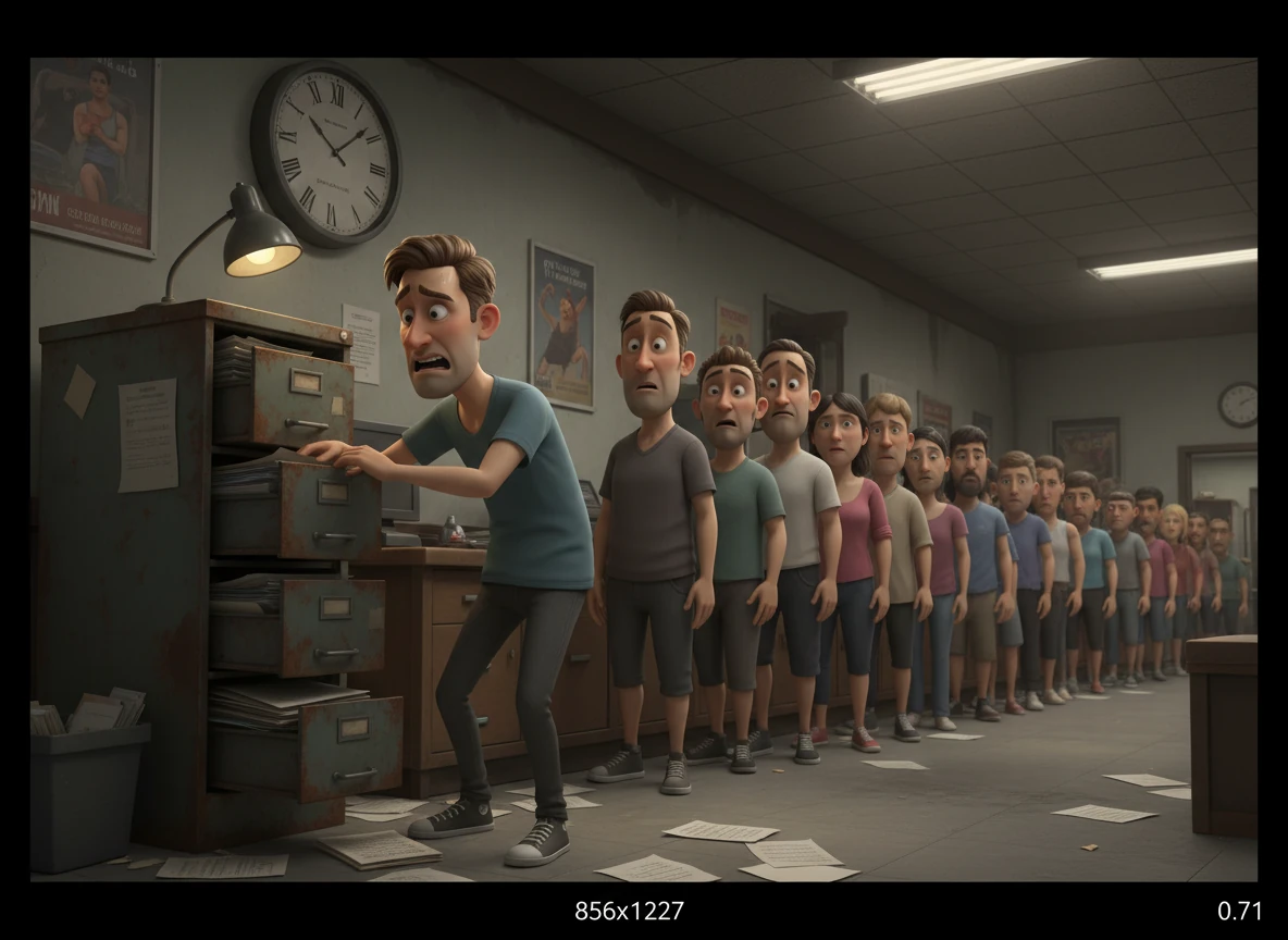 In the gym lobby, a long queue of frustrated people waits while Alex frantically searches through a rusted filing cabinet for a lost registration form. The clock on the wall ticks away, highlighting the slow and error-prone nature of the old-fashioned system.