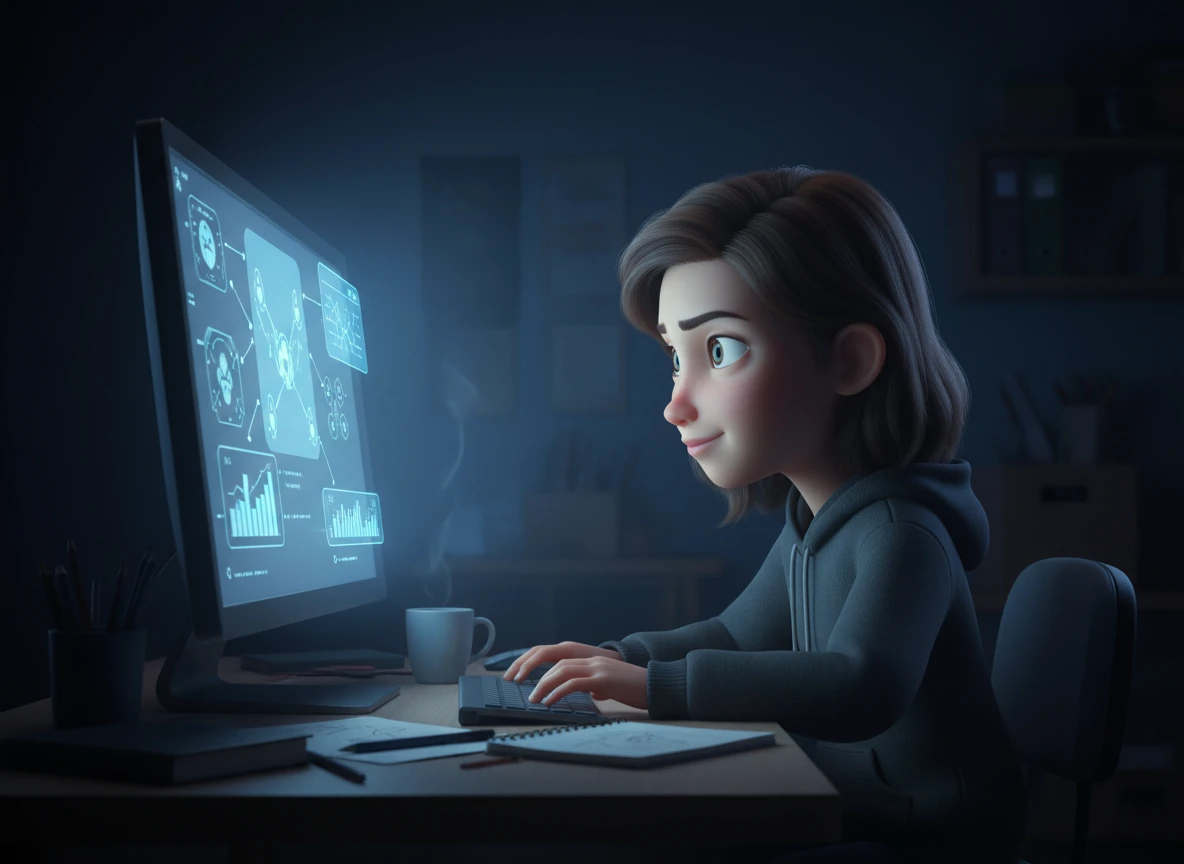 Late at night, Alex stares at a glowing computer screen, envisioning a better way to manage the growing fitness community. The cool blue light reflects off Alex's face, signaling the spark of a digital idea that could change everything.