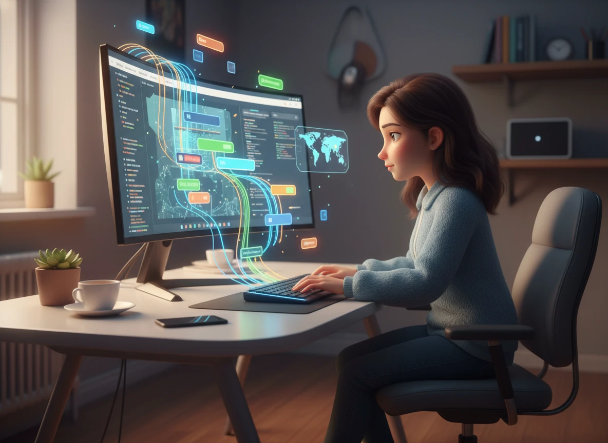 Alex begins crafting the system's skeleton using modern web technologies, building a sleek and responsive interface. Vibrant lines of code flow across the monitor, turning abstract concepts into a tangible digital structure with professional precision.